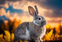 Close-up Of A Single Rabbit, With A Soft, Gentle Expression And A Background Of Swirling Autumn Clouds, REALISTIC (AI Generated)