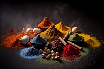 set of colourful spices, representing flavour and tradition in cooking (AI Generated)