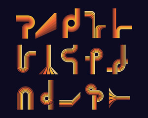 70s poster elements orange collection curve and bend. Illustration of decoration line collection sketch logo, vector logotype creative 80s drawing