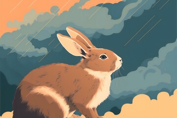 Wall Mural - close-up of a single rabbit, with a soft, gentle expression and a background of swirling autumn clouds, DIGITAL DRAWING (AI Generated)