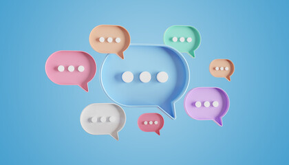 Wall Mural - Minimalist blue red orange green purple speech bubbles talk icons floating over background. Modern conversation or social media messages with shadow. 3D rendering