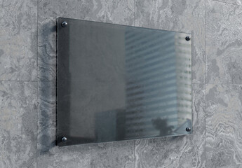 Transparent glass sign plate on wall mockup. Template of a blank plastic business signboard on marble texture. 3D rendering