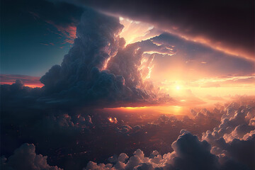 Poster - sunset over the mountains with beautiful clouds, generative ai