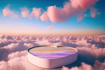 Poster - white heart shaped display podium for luxury product banners in dreamy pastel color clouds