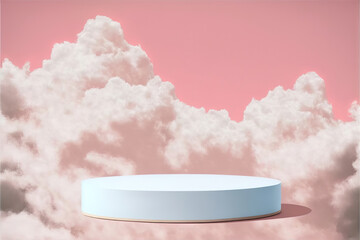 Poster - white display podium for luxury product banners in dreamy pastel color clouds