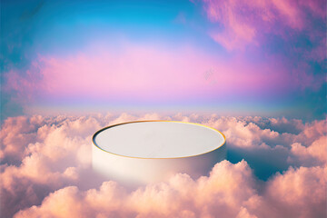 Poster - white display podium for luxury product banners in dreamy pastel color clouds