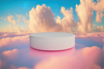Poster - white display podium for luxury product banners in dreamy pastel color clouds