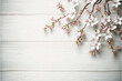 spring time cherry blossom on white wooden table background, generative ai