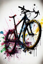 Silhouette Of Road Bike In Paint Splashes. Stunning Watercolor Illustration. Generative Art.