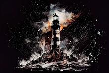 Lighthouse On The Rock And Breaking Waves. Colorful Watercolor Illustration On Black Background. Generative Art.