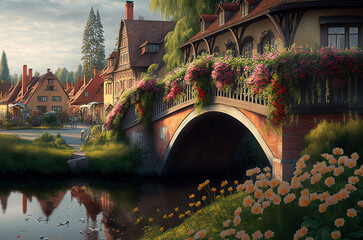 Wall Mural - bridge over the river in the tiny European town. Generative AI picture.