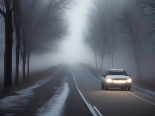 A mysterious car waits on a lonely road.