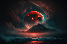 A Blood Full Moon Wrapped In Clouds In The Night Sky Illustration Generative Ai