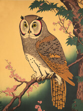 Owl Sitting On Branch, Japanese Wall Art, Generative Ai
