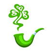Green smoke pipe with shamrock shaped smoke in a flat, cartoon style. Leprechaun pipe, Irish holiday attribute and St. Patrick's Day symbol. Vector illustration