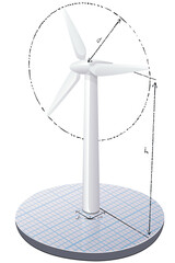 Wall Mural - 3d wind turbine on a piece of graph paper with plotted lines and circles indicating the dimensions of the wind turbine project (cut out)