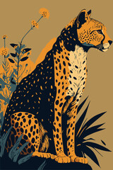 Wall Mural - cheetah wild animal flat vector illustration background matisse poster