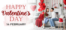Beautiful Greeting Card For Happy Valentine's Day With Loving Young Couple And Red Roses At Home