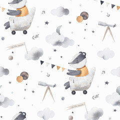 A cute badger has an adventurous dream. Badger travels among clouds. Watercolor seamless pattern. Background for kids room.