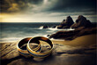 a pair of gold wedding bands by the sea ideal for wedding ring backgrounds