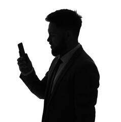 Wall Mural - Silhouette of businessman with mobile phone on white background