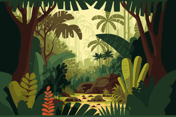 Jungle background Vector flat color cartoon illustration. Bright jungle in the morning