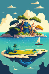 Wall Mural - Tropical island in ocean with mountain and palm trees isolated background