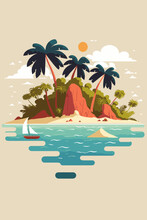 Tropical Island In Ocean With Mountain And Palm Trees Isolated Background
