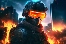 Futuristic Soldier With Mask, Burning Night City Background, Apocalyptic Battlefield