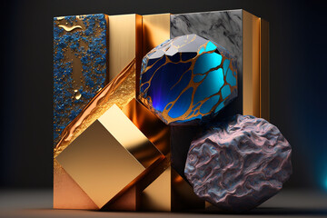 Abstract background of precious stones, opal, gold, metal. Gen Art