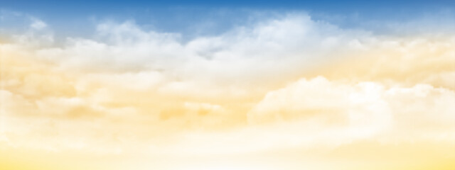 Wall Mural - Blue sky and white soft clouds floated in the sky on a clear day. Beautiful air and sunlight with cloud scape colorful. Sunset sky for background. Blue to yellow sky vector illustration.