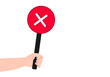 Red banner with a cross. The human hand is holding a tablet. The answer is no to the poll. Expression of negative opinion.Round sign. Choice by vote. Vector illustration.
