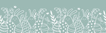 Cute Hand Drawn Easter Horizontal Seamless Pattern With Bunnies, Flowers, Easter Eggs, Beautiful Background, Great For Easter Cards, Banner, Textiles, Wallpapers - Vector Design