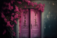 A Pink Door With A Vine Of Flowers On It And A Green Wall Behind It With A Pink Door., Generative Ai