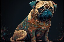 A Pug Dog Sitting On A Black Background With A Pattern On It's Chest And Head., Generative Ai