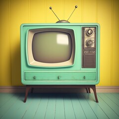 Wall Mural - Vintage television on a painted wall background. AI