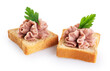 Croutons with meat pate and parsley isolated on white background. With clipping path.