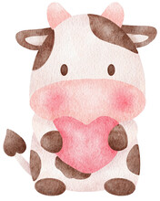 Cute Valentine Cow Holding Heart Watercolor