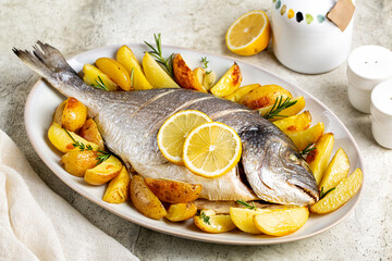 Poster - Dish with baked sea bream or dorada fish with potatos, lemon and herbs.