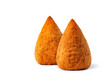 Isolated conical-shaped arancini. Italian rice balls that are stuffed, coated with breadcrumbs and deep fried.  Filled with ragù, mince meat, caciocavallo cheese and green peas. Sicilian food.