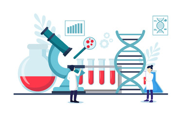 Genomics scene . Scientists are doing research in laboratory room . Genome therapy concept . Flat design . Vector .