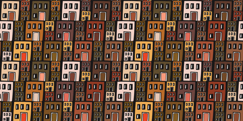 Aufkleber - Hand drawn two-story houses, children's drawing. Vecor print seamless, for interior, textiles, wallpaper and other surfaces.