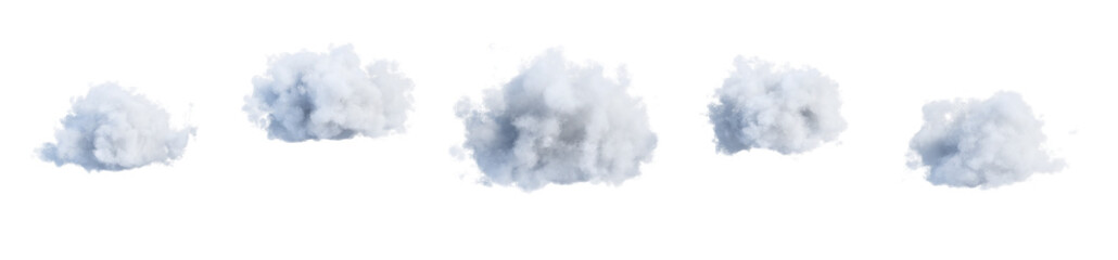 white cumulus clouds set isolated on transparent background. 3d render. 3d illustration.