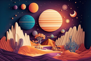 Wall Mural - beautiful illustration paper craft style of astronomy space scenic ,planet, star,