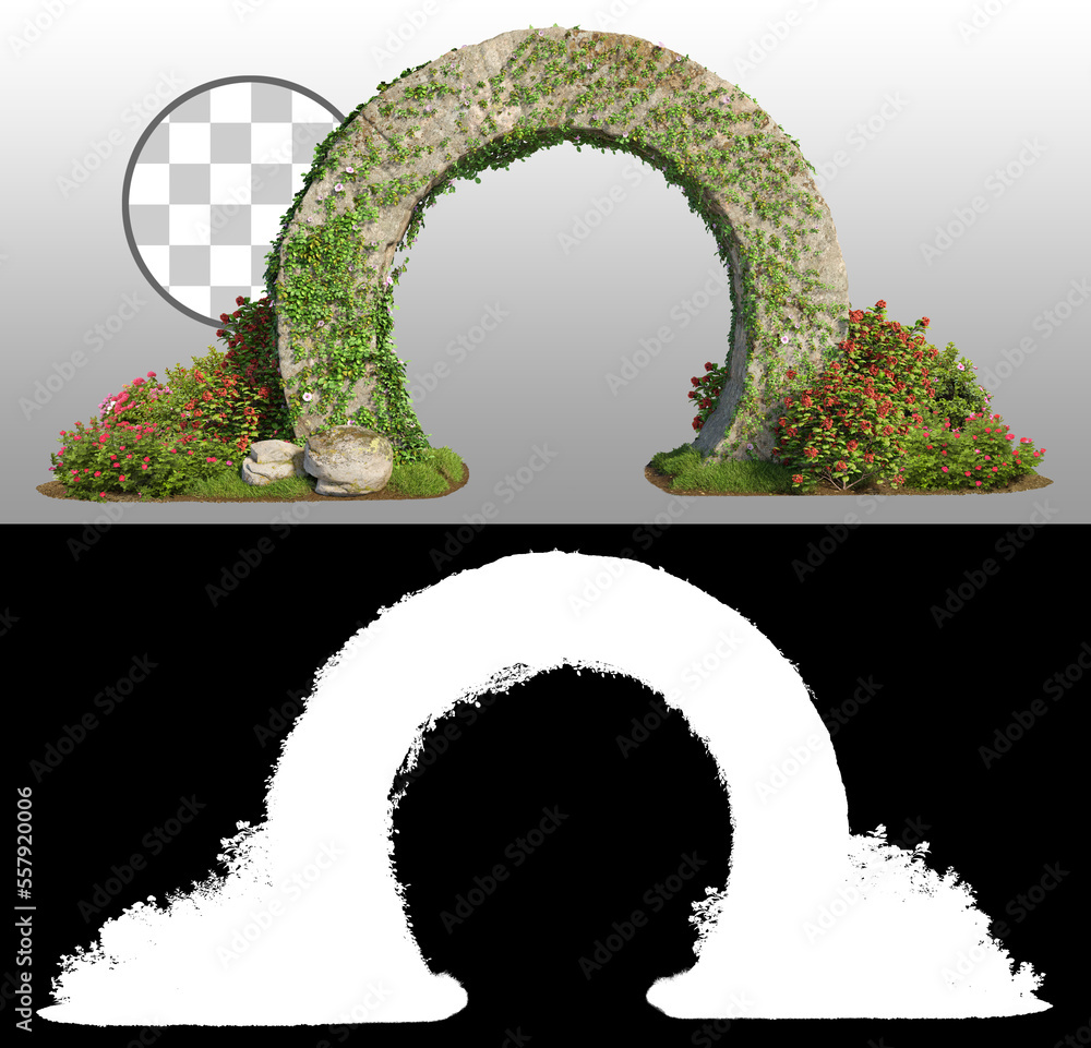 Cut out stone arch covered with ivy. Entrance gate isolated on transparent background via an alpha chanel. Stone archway for landscaping or garden design.