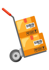 Illustration of trolley with two cardboard cargo boxes. Delivery of goods by order in store.