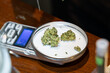 Processed cannabis flower being weighted on weighing scale for sale