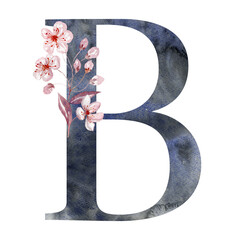 Watercolor Letter with Sakura, Cherry Flowers. Monogram for Wedding.