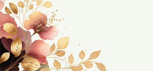Wall Mural - abstract art watercolor gentle flower and gold splash for nature banner background. spring floral. v