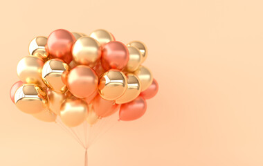 Wall Mural - A bunch of glossy golden balloons. Empty space for birthday, party, promotion social media banners, posters. 3d render balloons background